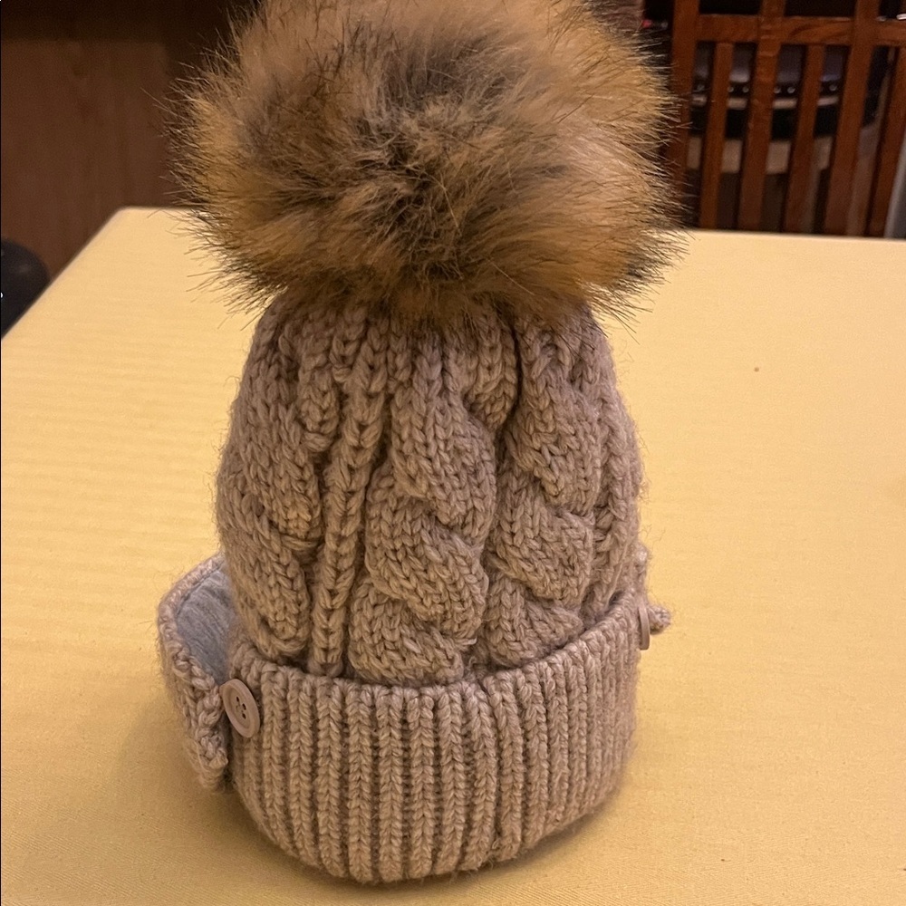 Anthropologie Taupe Cable-Knit Pom Beanie